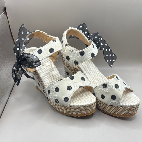 shop Char’s Shoes - Polka Dot Wedge Sandals with Bow Accent